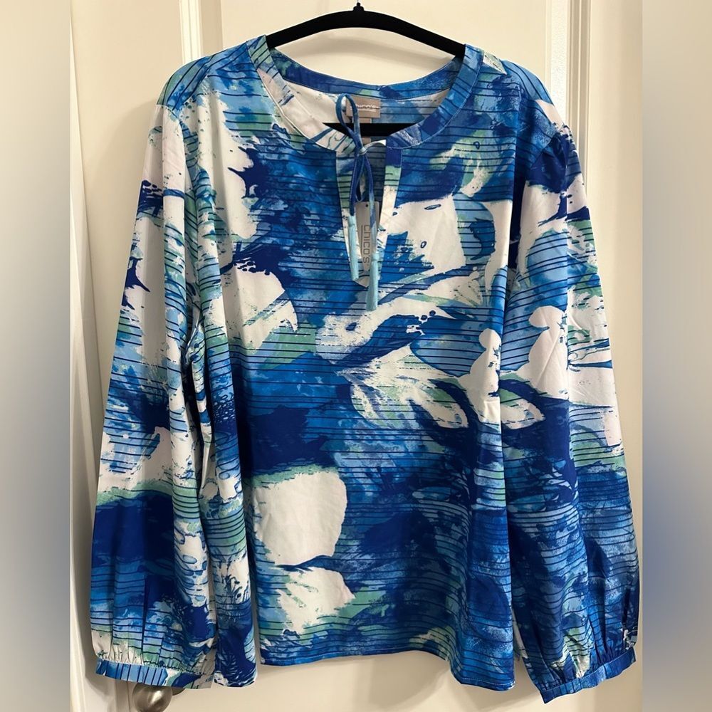 Chico’s Floral Long Sleeve Blouse Size 4 Scoop Neck Accents Tassel Pullover Blue